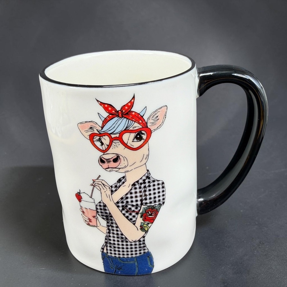 Signature Housewares Rockabilly Cow Mug Heart Glasses Bandana Stoneware White